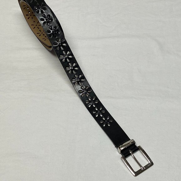 Faux Leather Daisy Cut Out Black Belt 2X Silver Metallic Buckle Boho Western - Picture 6 of 8